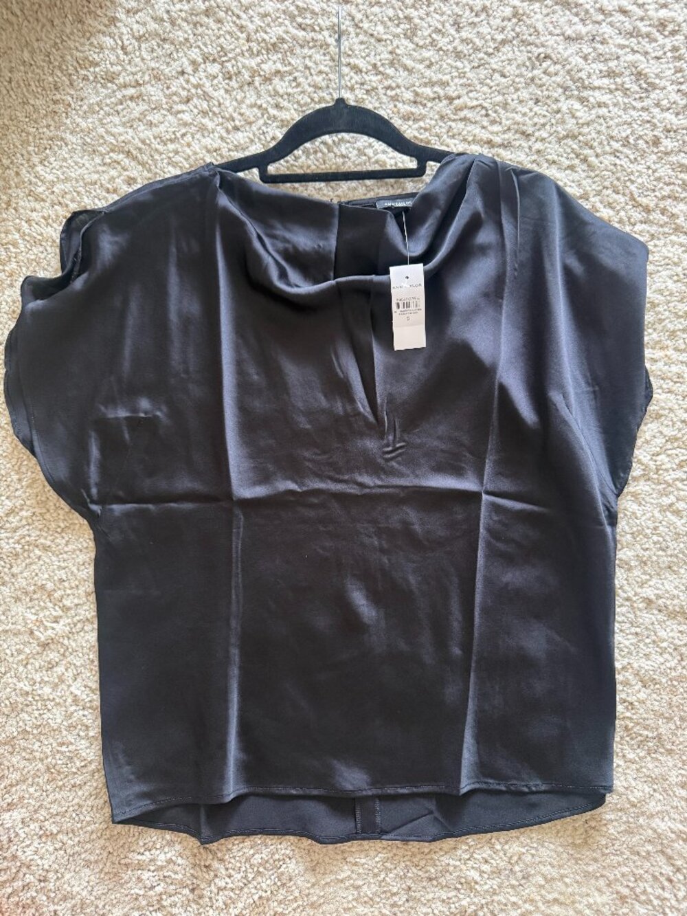 Ann Taylor Black Satin Blouse – Size S (Draped Neck, Elegant Top, NWT)